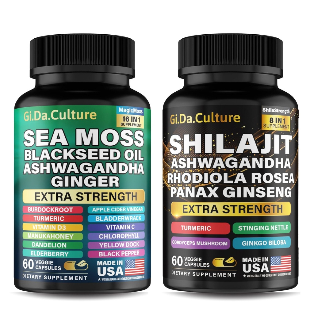 Shilajit and Sea Moss Combo - Sea Moss and Shilajit Bundle with Ashwagandha, Black Seed, Turmeric, Bladderwrack, Burdock, Black Pepper with Vitamins and Antioxidants - 120 Veggie Capsules