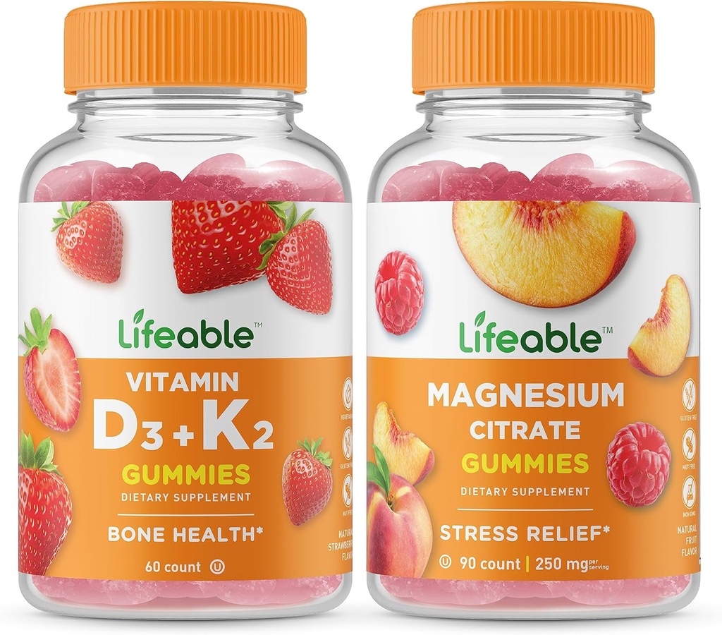 Vitamina de viață D3 + vitamina K2 + magneziu 85mg, Gummie Bundle - mare Tasting, Supliment de vitamine, gluten gratuit, OMG gratuit, Guma de mestecat