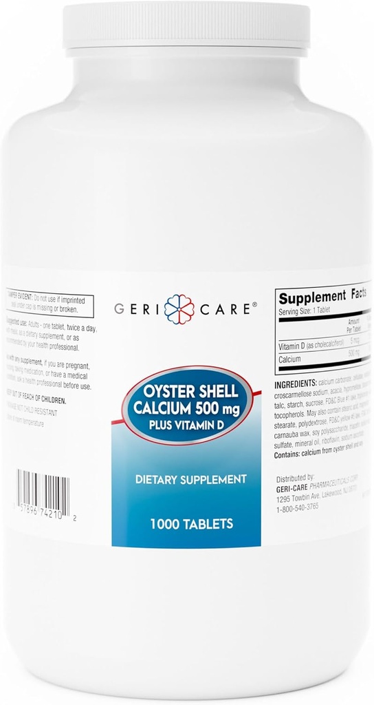 GeriCare Oyster Shell Calcium 500mg + D-vitamiin, luude tervis, toidulisandite tabletid, 1000 loend (pakk 1)