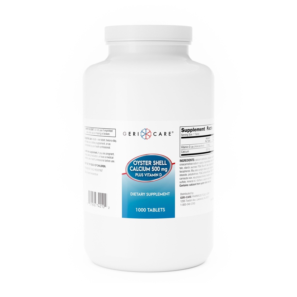 GeriCare Oyster Shell Calcium 500mg + Vitamin D, Bone Health, Nutritional Supplement Tablets, 1000 Count (Pack of 1)