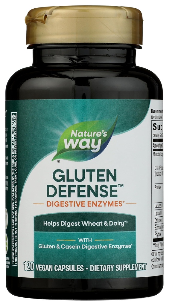 Nature's Way Gluten Defense Digestive Enzymes*, Helps Digest Wheat & Dairy(1), Gluten & Casein Digestive Enzymes*, 120 Vegan Capsules (Packaging May Vary)