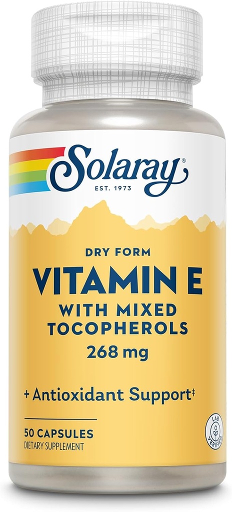 SOLARAY Vitamina E 400 UI (268 mg), Formular uscat cu tocoferoluri mixte Vitamina E - Supliment antioxidant, suport PMS și Menopause - 60 zile Garanție, Lab verificat - 50 Serviri, 50 capsule