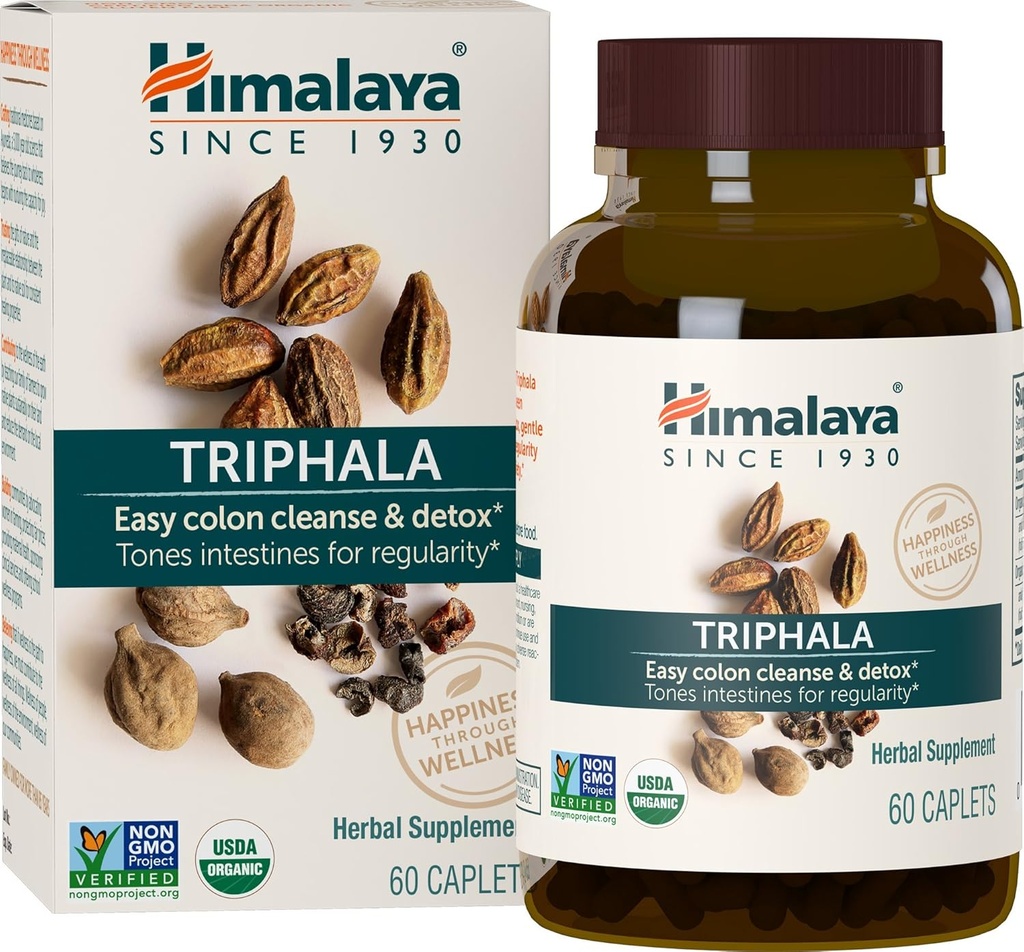 Himalaya Organic Triphala, 2 Monate Versorgung, für Colon Cleanse, Detox & Okzifische Verstopfung, USDA Certified Organic, Non-GMO, Glutenfrei, Extrakt & Pulver Kräuterergänzung, 688 mg, 60 Caplets
