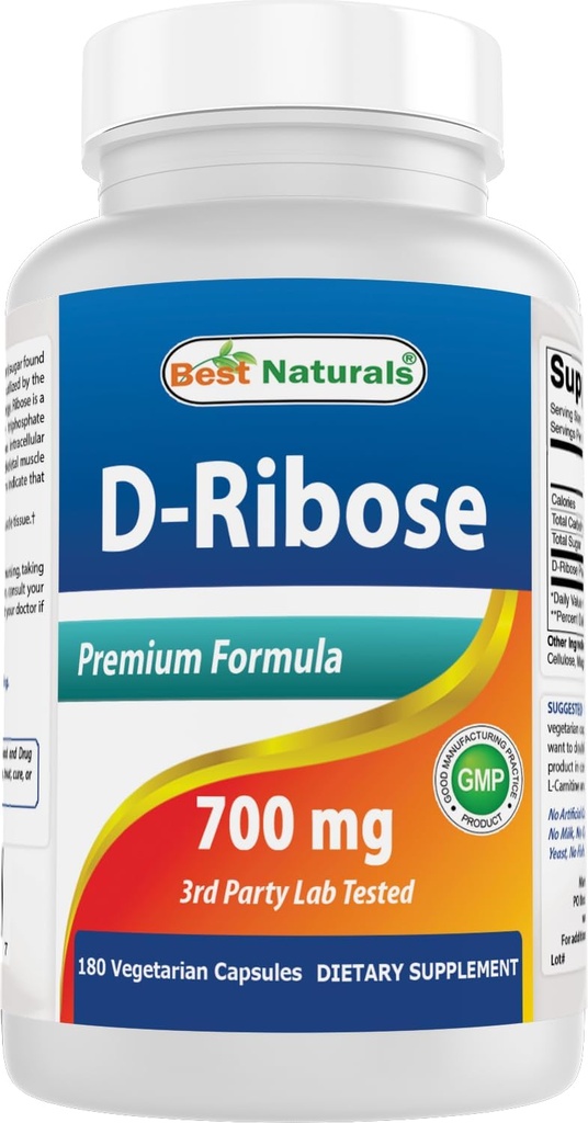 D-Ribose 700mg 180 Vcaps - Natural ATP Energy Production - 在美国的GMP认证基金和第三方的纯度测试中制造. 保证!