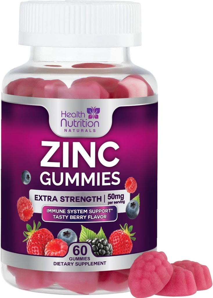 Zinc Supplements 50mg Gummies - Max Strength Skin Health & Immune Support Gummy, Vegan, Non-GMO & Gluten Free - Best Zinc Supplement Antioxidant & Bone Health Chewable Tasty Berry Flavor - 60 Gummies