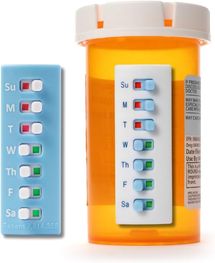 Take-n-Slide Peel and Stick Reusable for 12 + Refills, Pill/Medication/Vitamin/Pet Med Tracker & напомняне, Прикрепяне към Вашата бутилка, Организатор-фри, Curved-Back, White & Blue (2-Pack, 1 Всеки)