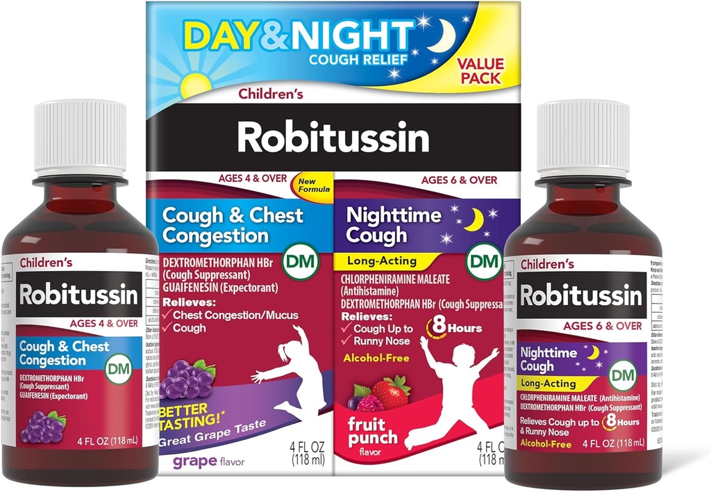 Detská Robitussin DM deň a noc Kašeľ Relief Value Pack, Kašeľ Medicína, Hroznová / Fruit Punch Flavor - 4 Fl Oz x 2