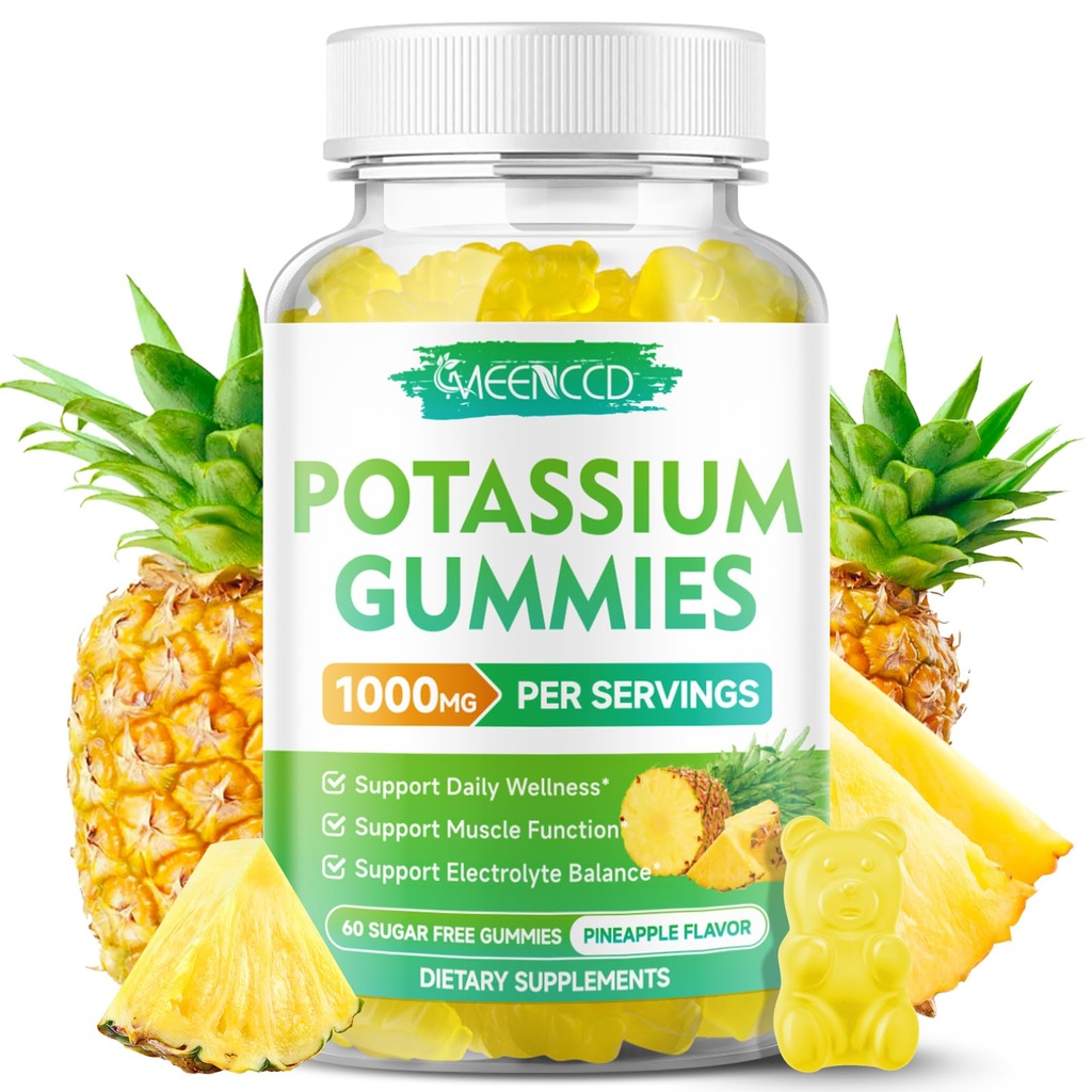 Potassium Citrate Gummies 1000mg, High Potency Potassium Supplement Gummies for Adults Women & Men, Support Muscle Health, Sugar-Free, Pineapple Flavor, 60 Count