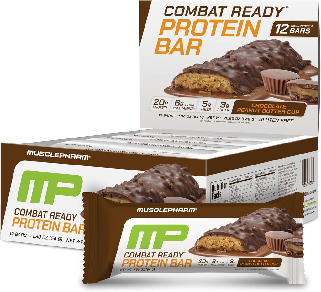 MusclePharm Combat Sport Bar, Šokolādes Peanut Butter Cup, High Protein Bars, Combat Cravings, Degvielas Veiktspēja & Atbilstu Enerģijas Pieprasījums, 20g Olbaltumvielas no sūkalu Protein, 5g Fiber, bez lipekļa, 12 Bars