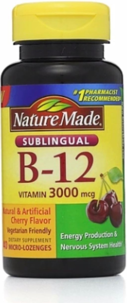 Nature Made Witamina B- 12 3000mcg, Lozenges podjęzykowe, Cherry 40 ea (Opakowanie po 2)