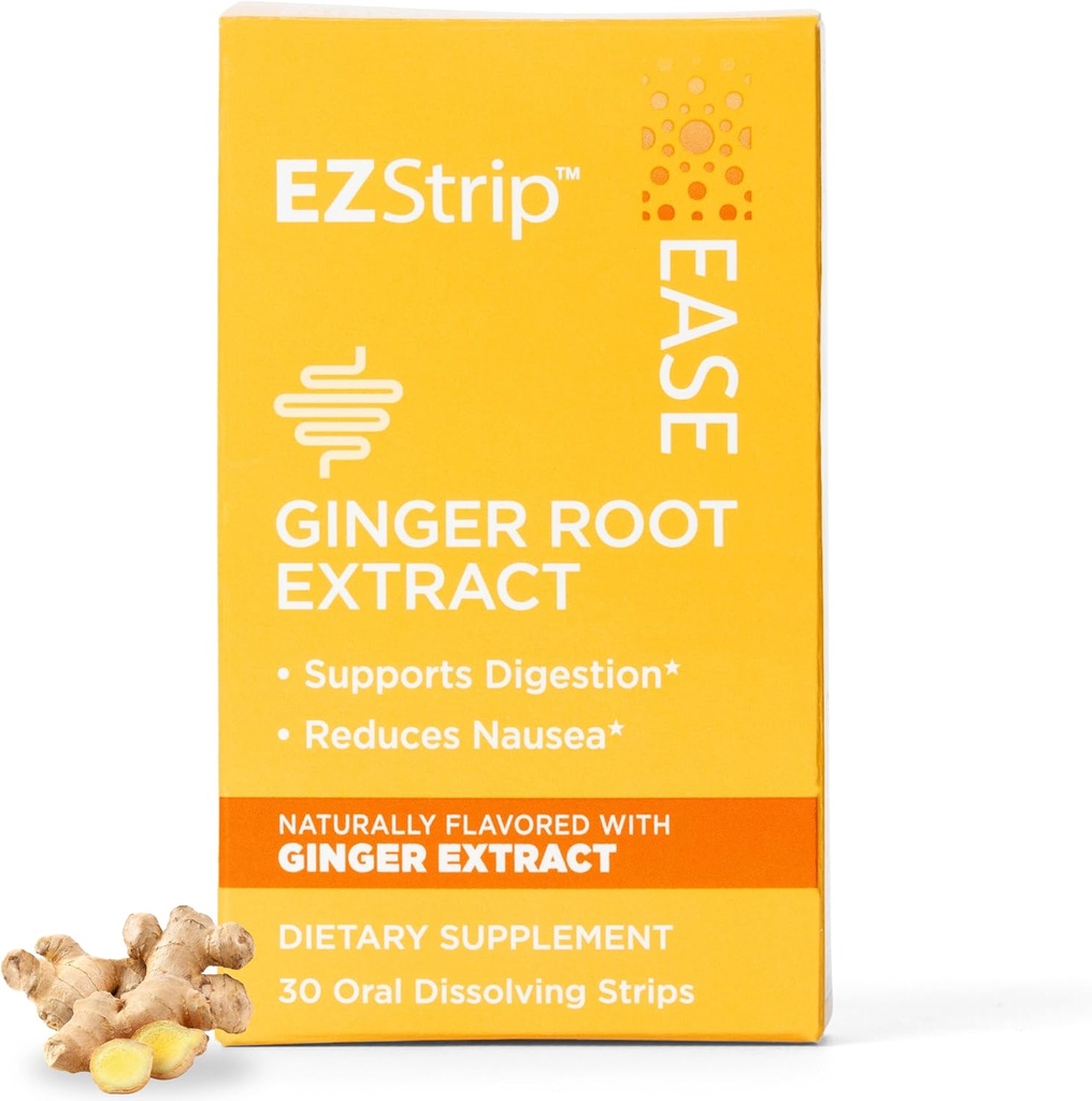 Ease supplement - Ingefær Flavor, 30 Greve - Opløsning Strips med Ginger Root Hjælp Kvalme Relief, Morgen og Motion Sygdom, og fordøjelse - Made in The USA, Sugar and Gluten- Free