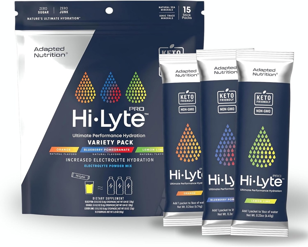 Adapted Nutrition Hi-Lyte Pro Hydration Packets - 15 Individual Drink Packets , Variety Pack , Flavored Electrolyte Powder , Sugar-Free, Zero Carb, Zero Calorie