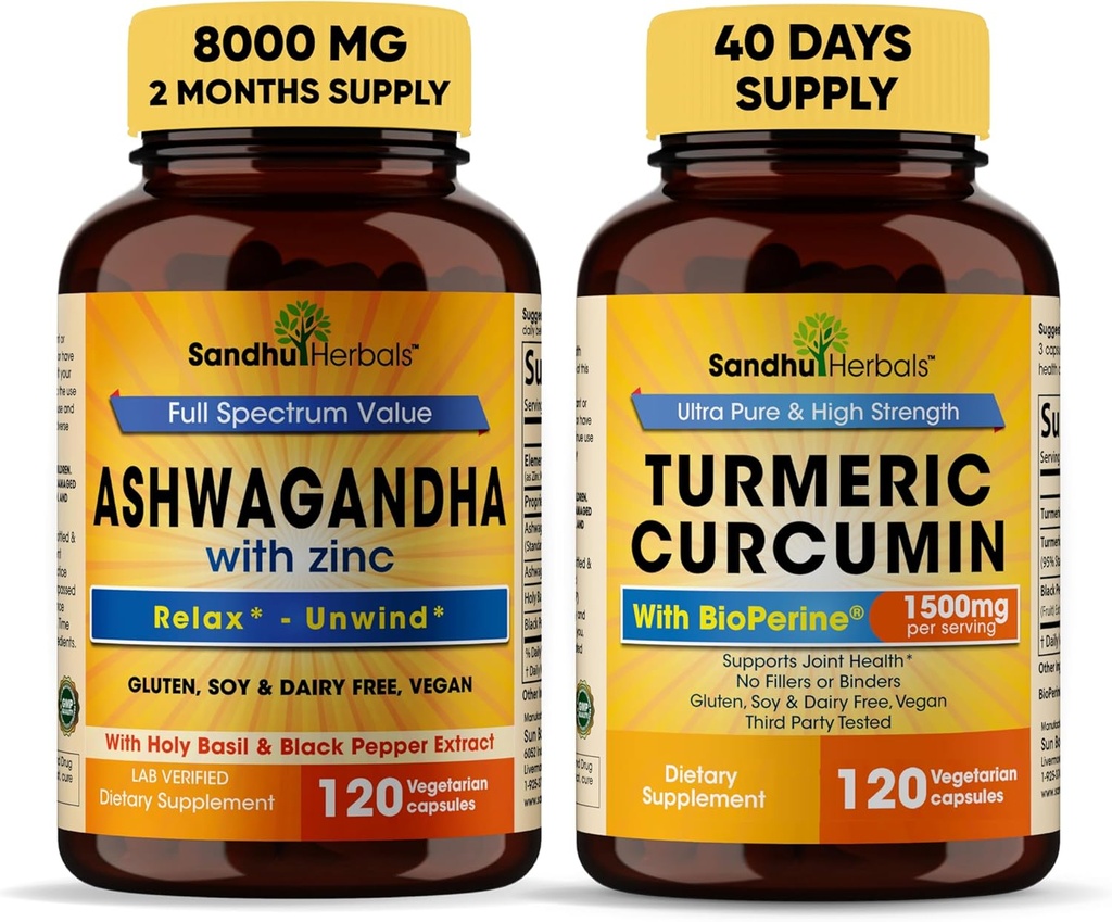 Sandhu Herbals אורגני 4in1 Ashwagandha w / Zinc & אורגני Turmeric Curcumin w / Bioperine Black Pepper לחלץ