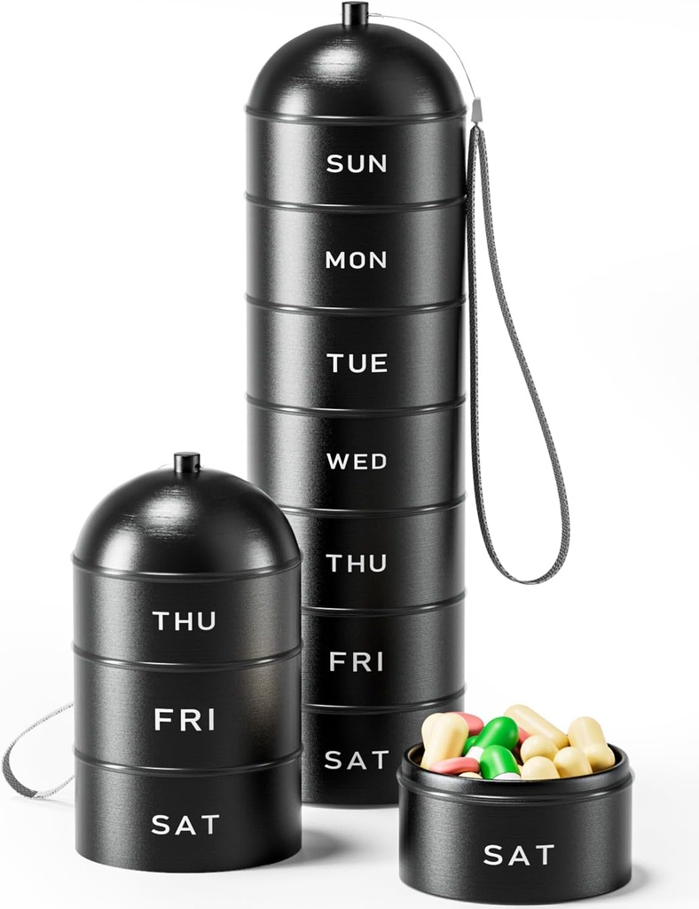 Metal Pill Organizator Weekly - Betife Stackable Waterproof Travel Pill Box, Przenośny Aluminiowy Alloy 7 dzień Pill Case, Moisture Proof BPA Bezpłatny pojemnik Pill do przechowywania leków, Witaminy, Suplementy