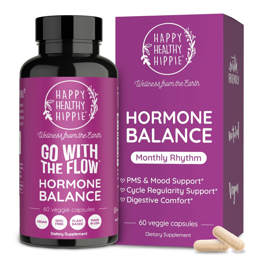 Happy Healthy Hippie Hormone Balance for Women — PMS Support & PMDD, Mood, Cycle Regularity — Chasteberry Supplements with Maca, Dong Quai, Black Cohosh — Vegan, Non-GMO, 60 Capsules