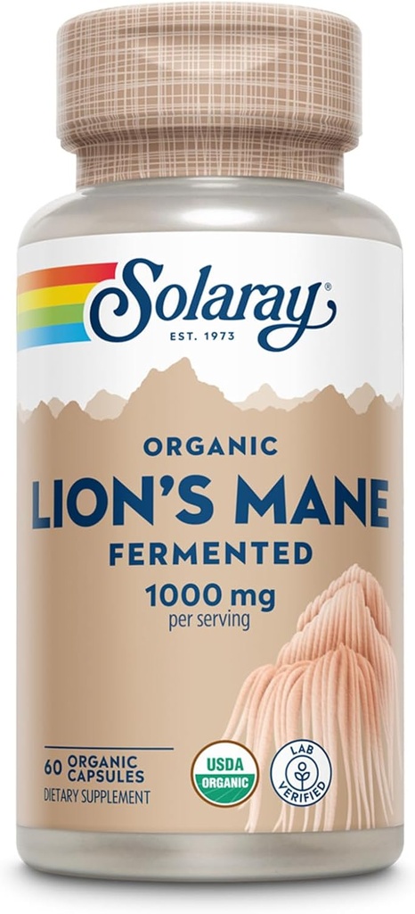 SOLARAY Lions Mane kapsula organikoak - 1000 mg Lion's Mane Onddo organikoak eskaintzea, Hobetutako Absorptionerako Fermented - Vegan, 60 eguneko bermea, Lab Verified, 30 zerbitzatu, 60 VegCaps