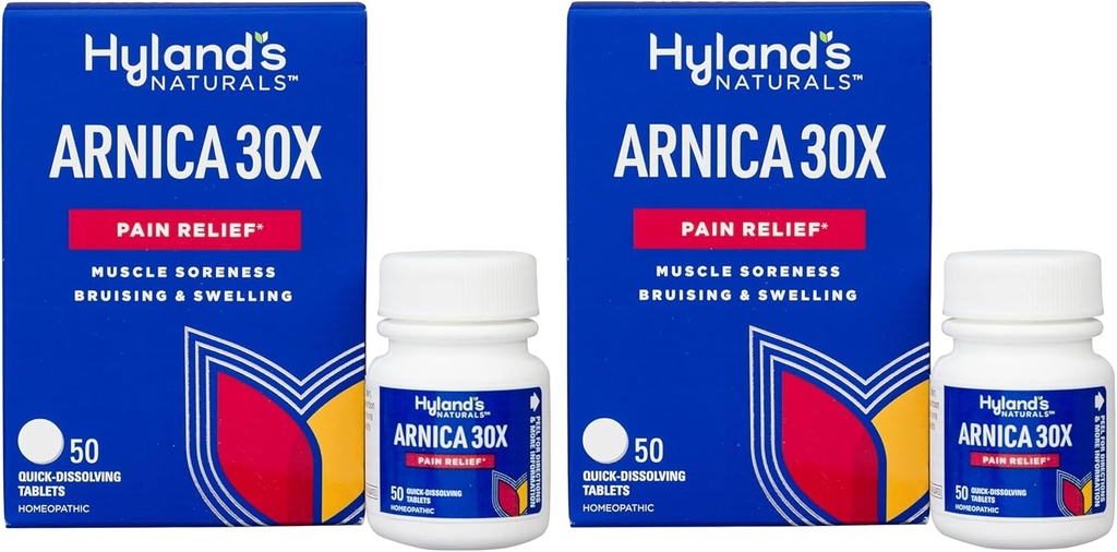 Hyland's Naturals Arnica Montana 30x Comprimés, Relief naturel des ecchymoses, Gonflement et douleurs musculaires, Comprimés à dissolution rapide, 50 comtes (paquet de 2)