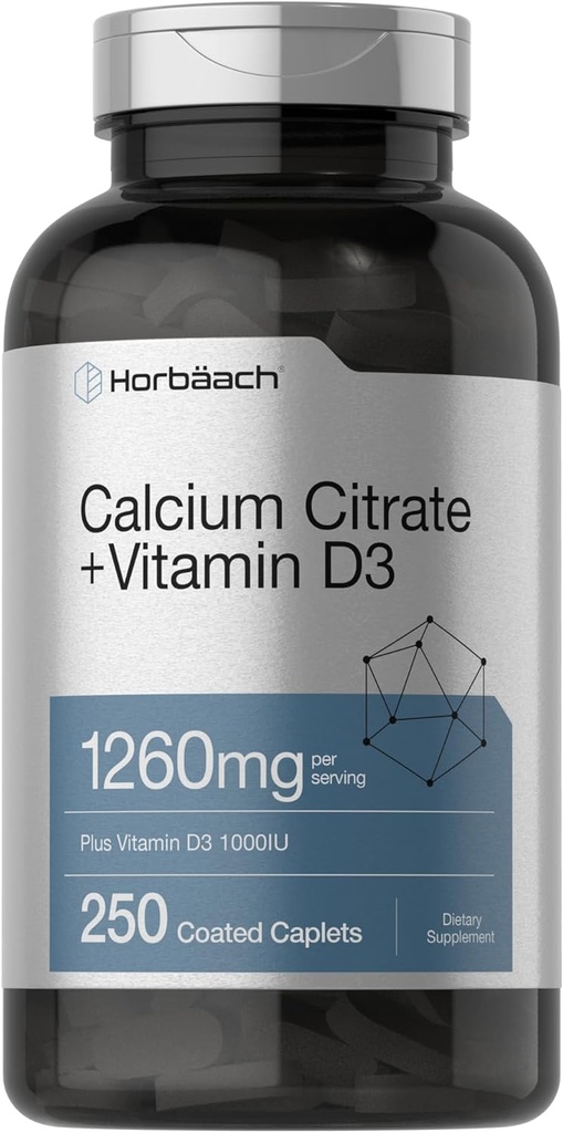 Horbäach Calcium Citrate med vitamin D3 | 1260 mg | 250 Caplets | Vegetarisk, icke-GMO, Glutenfri tillägg