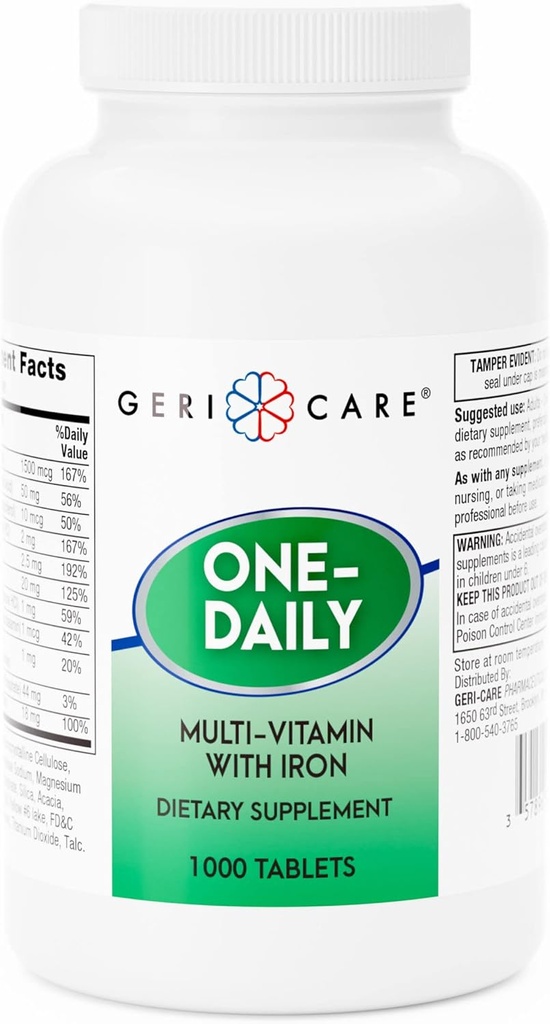 GeriCare One-Daily Multi-Vitamin med jerntabletter, 1000 greve (pakke med 1)