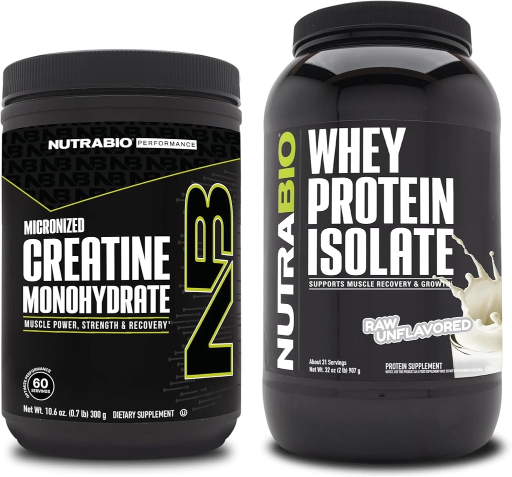 NutraBio Kreatin Monohydrat, Unflavored, 300g og Whey Protein Isolate, Unflavored, Supplement Bundle - Muscle Energy, Lean Muscle Vekst, Recovery og styrke