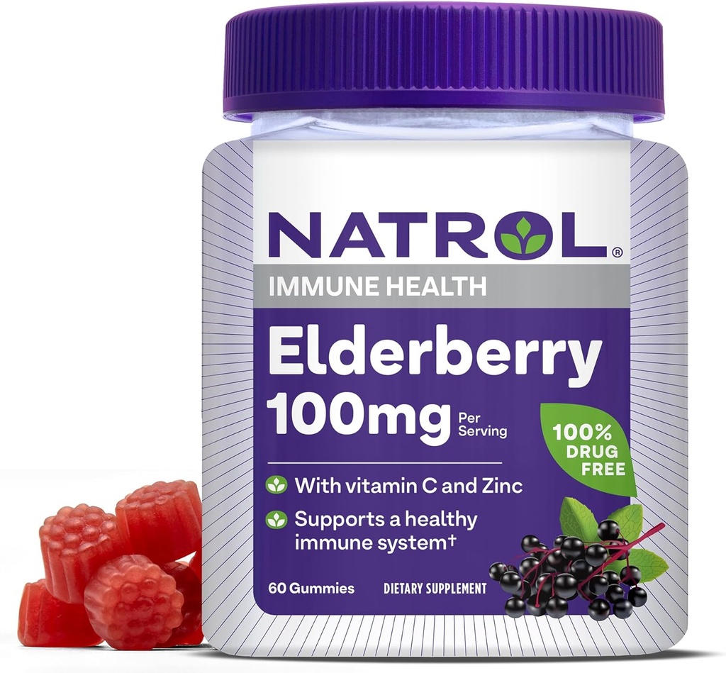 Natrol Elderberry 100mg Gummies para apoio à saúde imune, 60 chicletes com framboesa, suprimentos de 30 dias