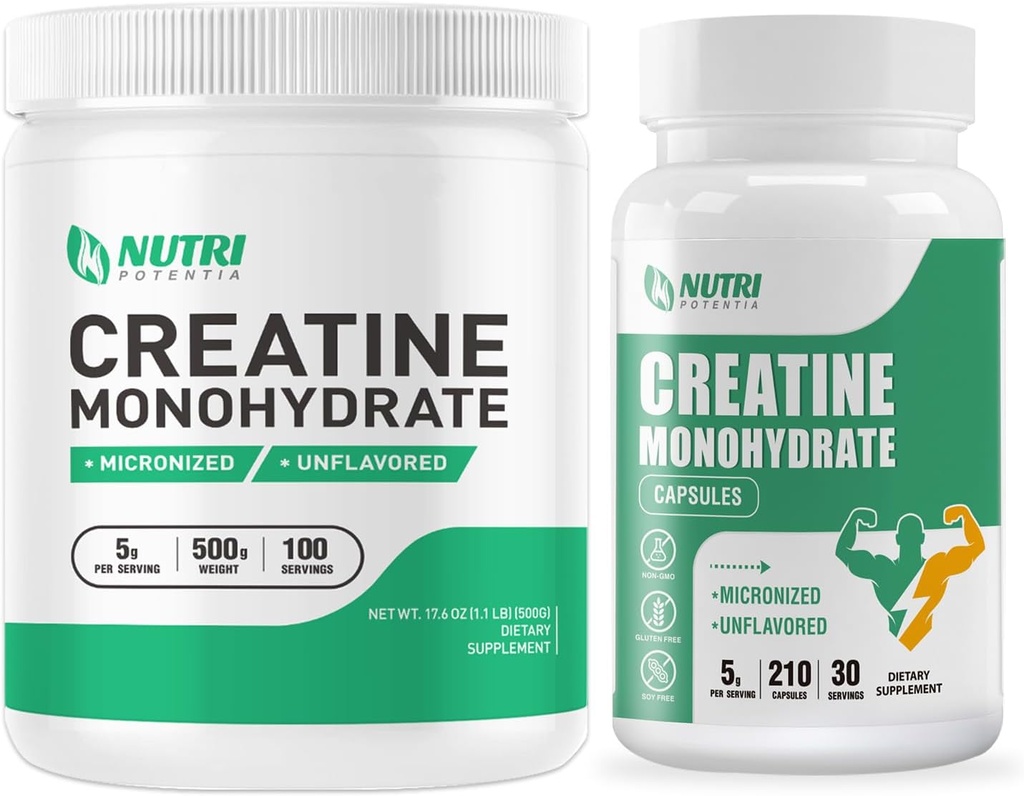 Creatina monoidrato polvere 500 Grammi & capsule di creatina, integratori di creatina micronized puri per costruzione del muscolo, pre & post allenamento creatina polvere, non OGM, non aromaed