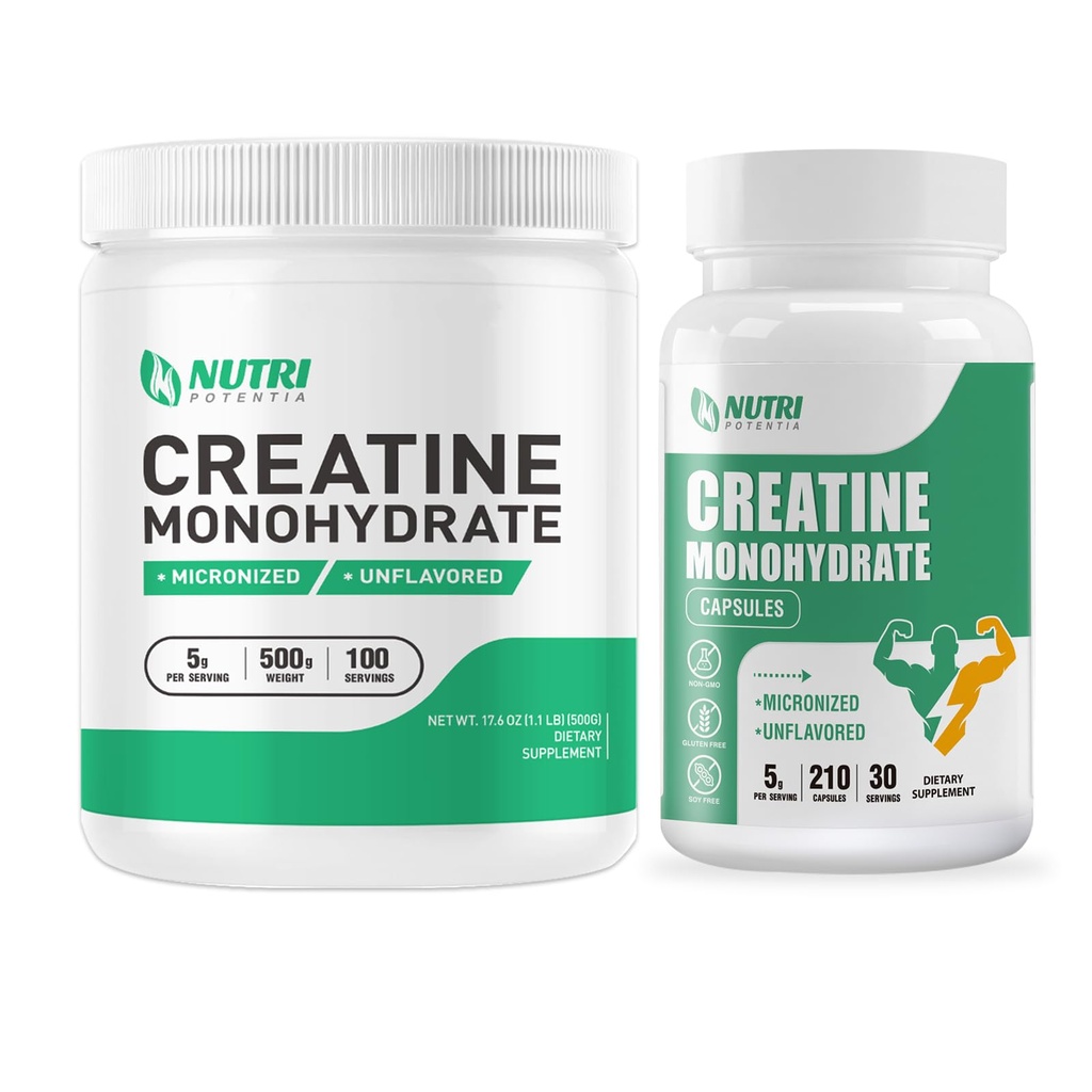 Creatine Monohydrate Powder 500 Grams & Creatine Capsules, Pure Micronized Creatine Supplements for Building Muscle, Pre & Post Workout Creatine Powder, Non-GMO, Unflavored