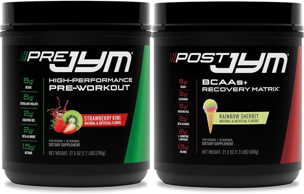 JYM Suplemen Sains PRE JYM 30 Pelayan - Strawberry Kiwi & - Postout dengan BCAA, Glutamine, Creatine HCL, Beta- Alanine, dan More Rainbow Sherbert Flavor, 30 Pelayan, 21,2 oz.
