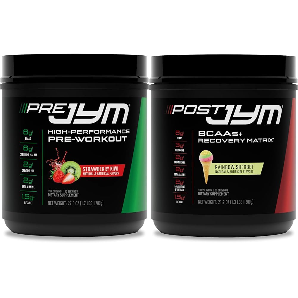 JYM Supplement Science PRE JYM 30 Servings - Strawberry Kiwi & - Post-Workout with BCAA's, Glutamine, Creatine HCL, Beta-Alanine, and More Rainbow Sherbert Flavor, 30 Servings, 21.2 oz.