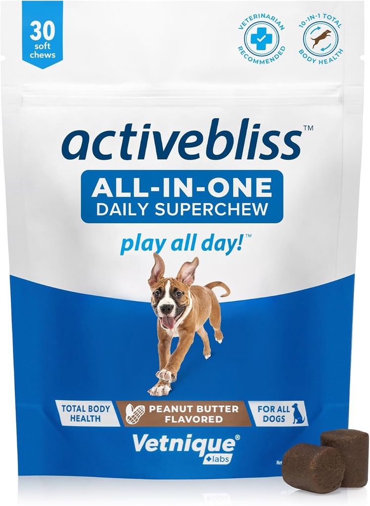 Vetnique Labs Activebliss Dog Multivitamiini - Daily Treat Glükosamiini, Omega 3, Seedetrakti Ensüümid Ja Probiootikumid Ühine, Seedetrakti Ja Immuunsüsteemi Toetus - Koera Vitamiinid Optimal Health, 30 Count