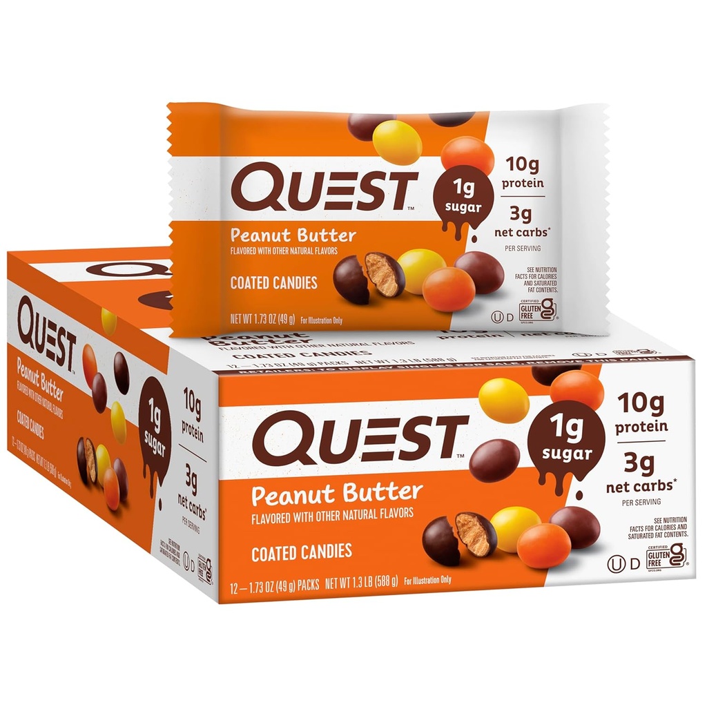 Quest Nutrition Coed Candie, Peanut Butter, 1g Sugar, 10g Protein, 4g Net Carbs, Guten Free, Keto Amithly, 12 comte