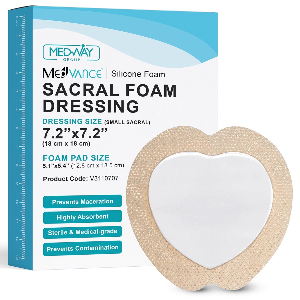 MedVance Silicone Foam Adhesive Dressing, 7"x7" Sacral, Box of 5 | Sterile And Individually Wrapped - Sacral Foam Bed Sore Bandages For Buttocks - Highly Absorbent - Waterproof & Breathable