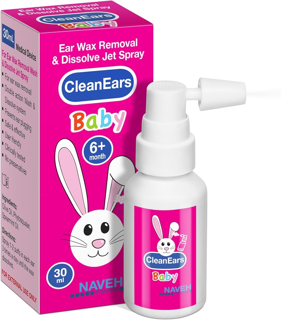 NAVEH PHARMA® CleanEars Baby | Fast-Acting Ear Wax Removal Spray | Breaks Down & Dissolves Earwax in nur 1 Behandlung | Klinisch nachgewiesen, um 300% mehr Effektives | Mineralöl, Gentle&Safe | 1 OZ