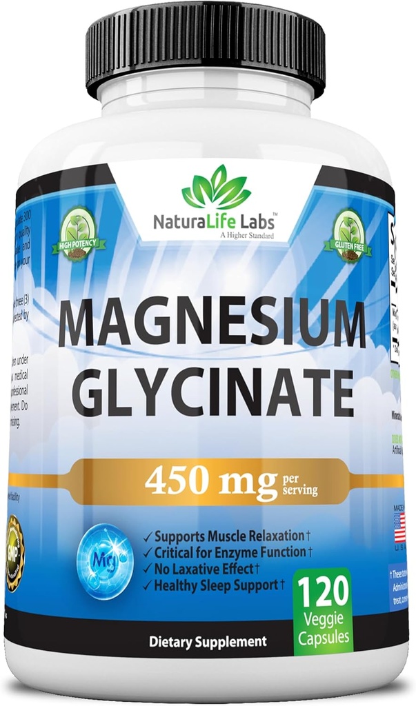 Glycinat de magnésium 450 mg par portion – 120 gélules de végétalien (non-OGM, sans gluten)