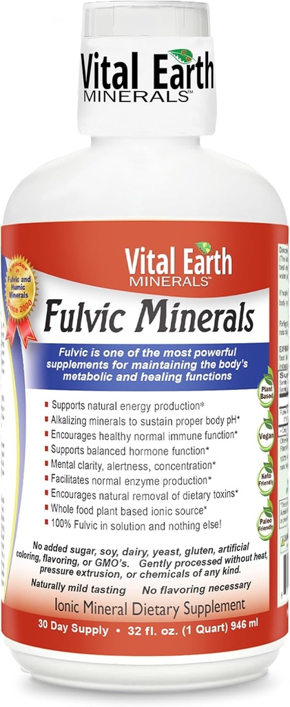 Vital Earth Minerals Fulvic Minerals Liquid  поречието Fulvic Acid Addition with 70+ Trace Minerals, Electrolytes for Energy & Witleity, 32 Oz + 1 Oz Cup