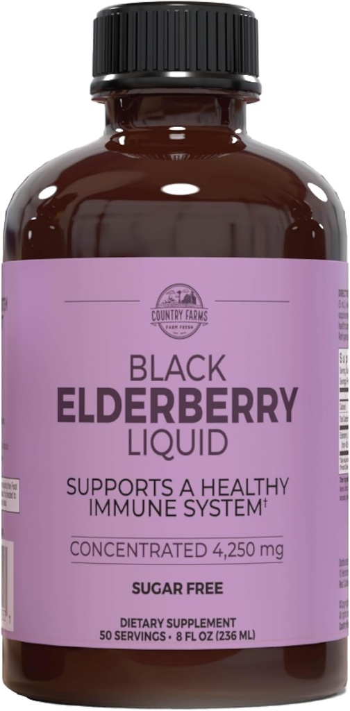 Country Farms Elderberry Liquid, soporta un sistema inmunitario saudable, rico en antioxidantes, Sugar Free, Berry Flavor, 8 Fl Oz