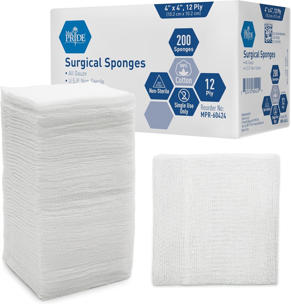 MED PRIDE 4"x 4" Gauze, 200 Tibbi Sponges 12ply Extra Absorbent | All-Gauze, Non-Sterile / Yara Dressing üçün böyük, Çıxışma və Təmizlik