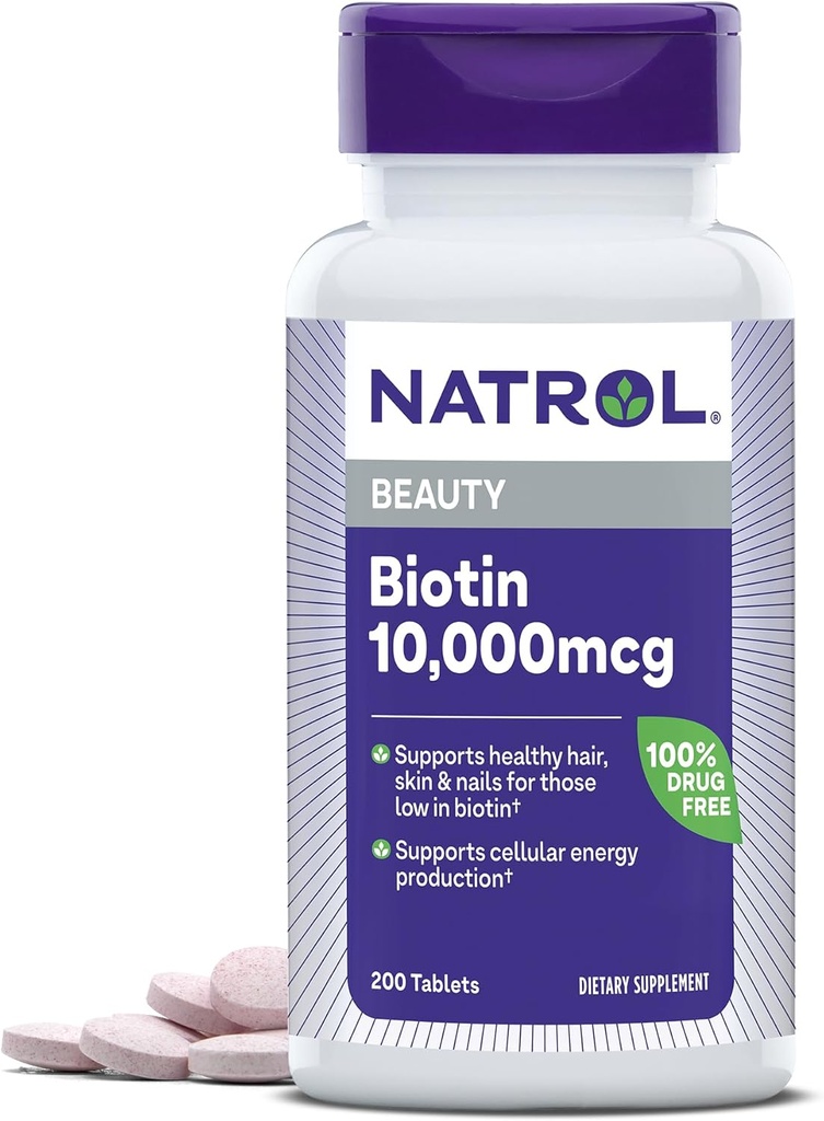 Natrol Biotin 10000mcg, suplemento para cabelos saudáveis, pele e unhas para aqueles baixos em biotina, além de apoio ao metabolismo de energia, 200 tablets, até uma fonte de 200 dias