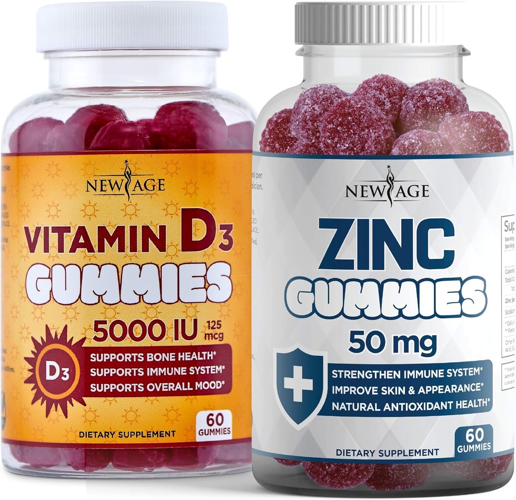 NEW AGE Immune Defense Combo - 2 Pack - Vitamin D3 Gummies 5000 IE 125mcg & High Potency Zink Gummies, Immune Booster 120 Count