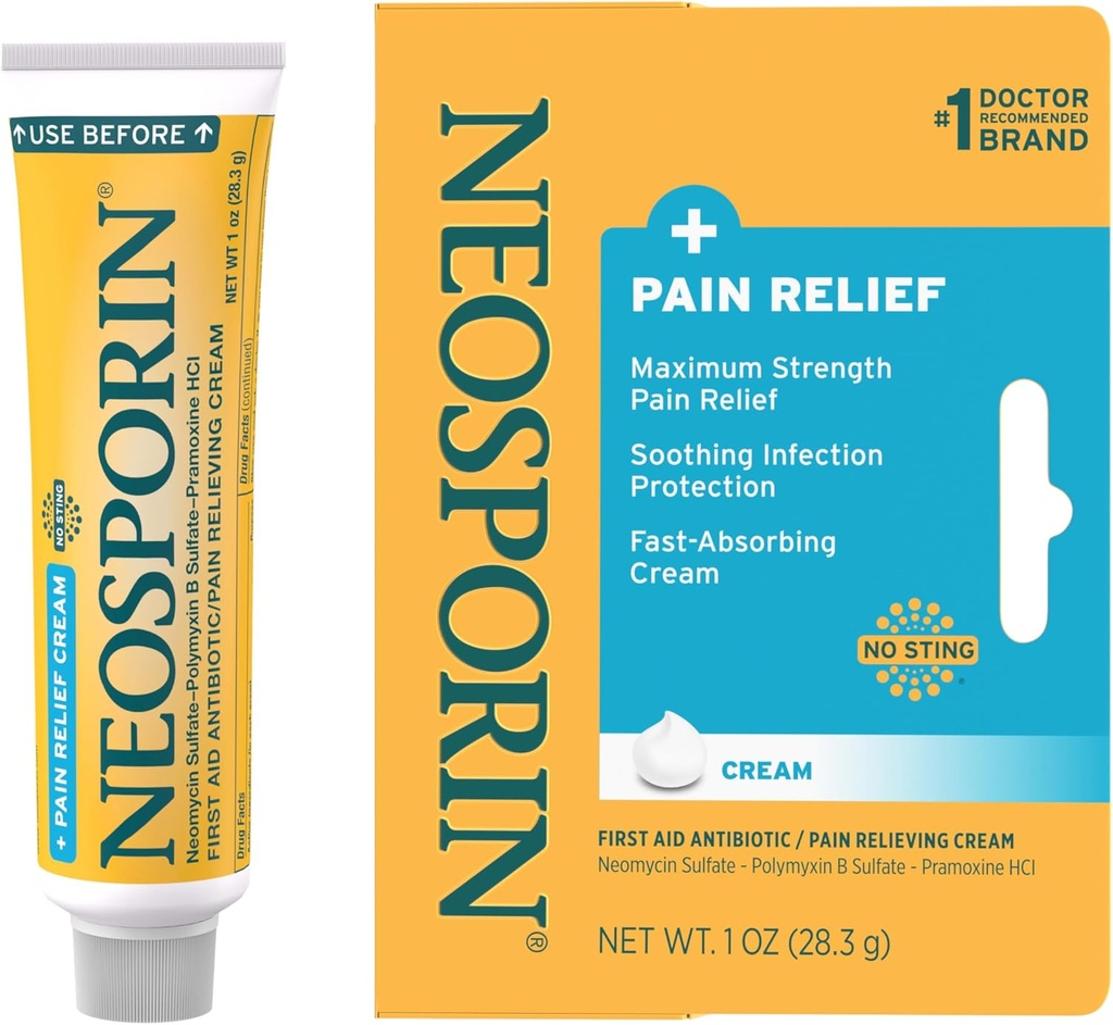 Neosporin + Maximum - Strength Pain Relief Dual Action Cream, Førstehjælp Topical Antibiotic and Analygesic Cream for Slow Cuts, Scrapes and Burns, Polymyxin B & Pramoxine HCl, 1 oz