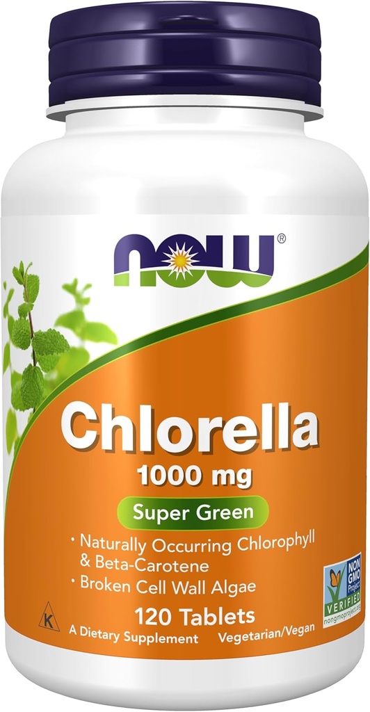 NU Mattilskudd, Klorella 1000 mg med naturlig forekommende klorofyll, Beta-Caroten, blandet karotenoider, vitamin C, jern og protein, 120 tabletter