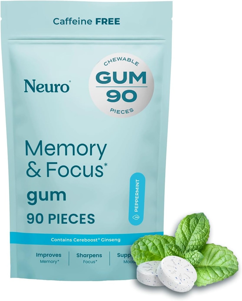 Neuro Memory & Focus Gum (90 Stück) - Decaf & Sugar Free mit American Ginseng, L theanine, Vitamin B12 & Vitamin B6 für Psychische Alertness - Gehirnergänzungen für Gedächtnis und Fokus - Pfefferminz Flavor