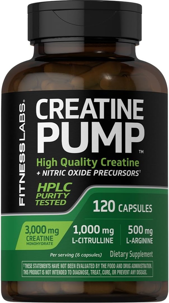 Fitness Labs Creatine Capsules | 120 Count | 3000mg | Немецкий креатин моногидрат | Creapure | Pump Supplement | Plus Nitric Oxide Precursor | HPLC Tested | Non-GMO