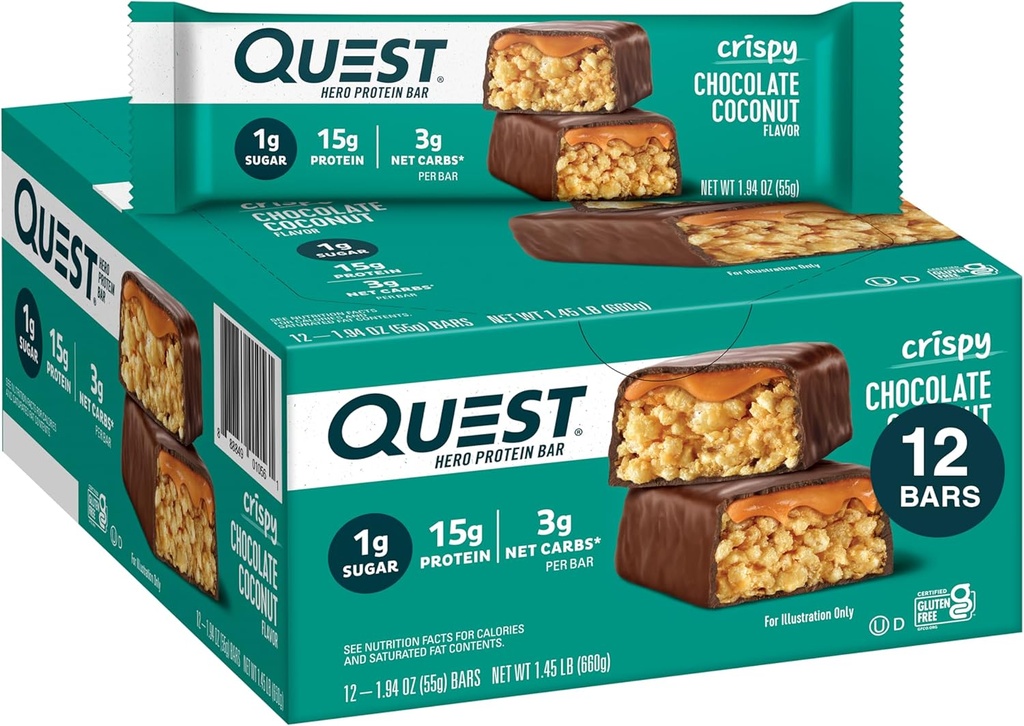 Quest Nutrition Crispy Chocolate Coconut Hero Protein Bar, 15g Protein, 1g Sugar, 3g Net Carbs, Gluten Free Protein Snack, Keto Friendly, 12 카운트
