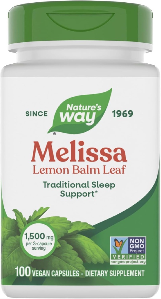 Nature's Way Melissa Lemon Balm Leaf, Traditional Sleep Support*, Melatonin Free, 3-Capsule 서빙 당 1500 mg, Non-GMO 프로젝트 검증, 100 Vegan 캡슐 (패키지 May Vary)