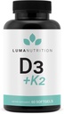 Luma Nutrition D3 + K2 Vitamin 10000 i.e. - Dodatek za zdravje kosti in srca - največja moč imunske podpore in kalcijeva absorpcija - 60 kapsul