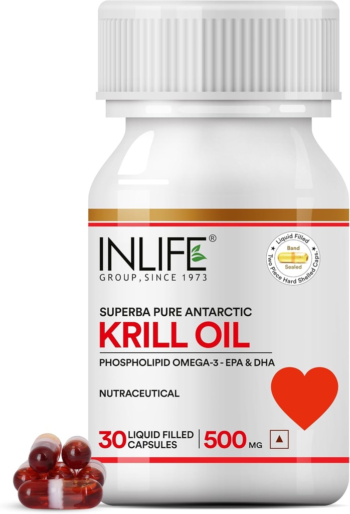 INLIFE Krill Oil supplement - Phospholipid Omega 3 with Astaxanthin - 500 mg, 30 Capsules