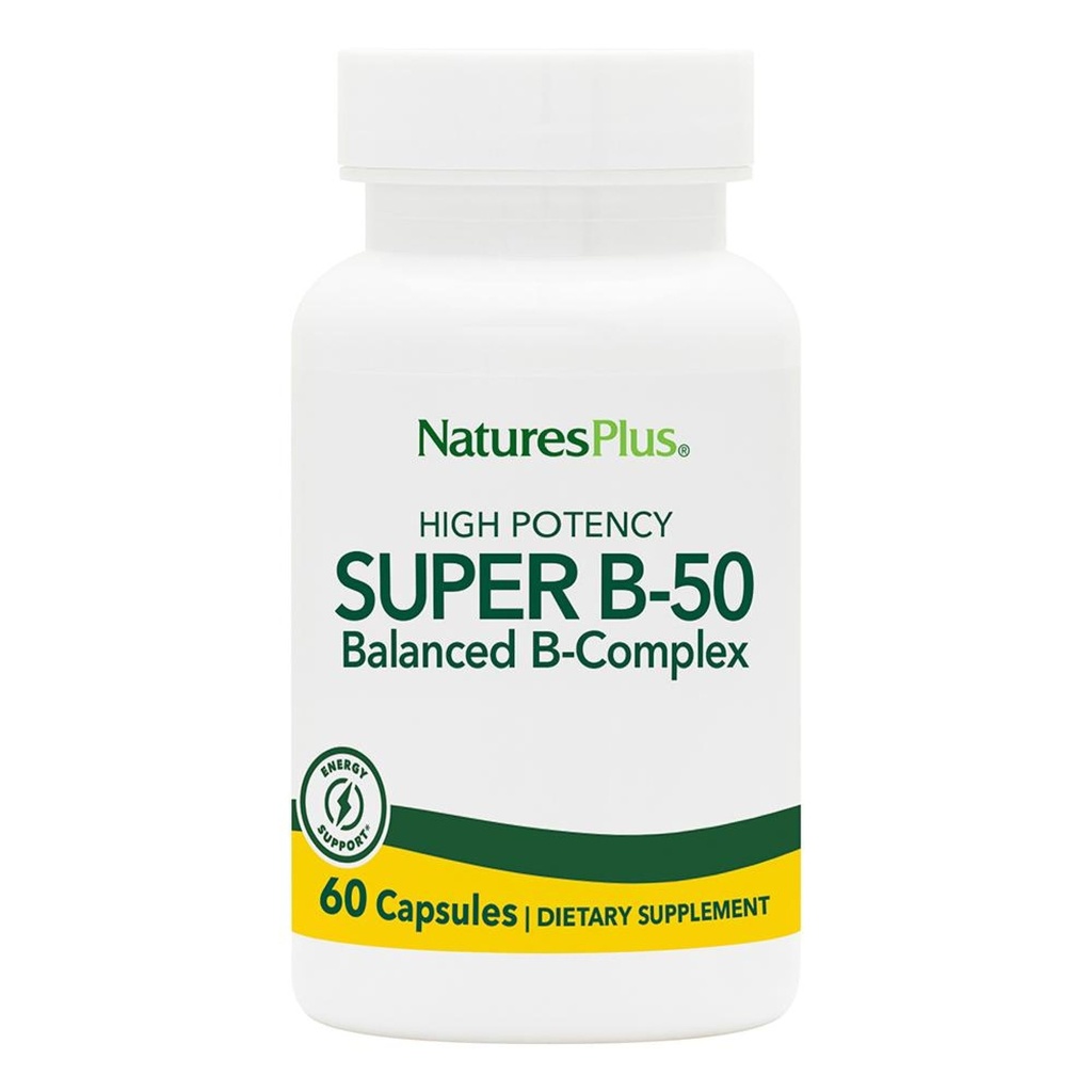 NaturesPlus Super B-50 - High-Potency B Complex Vitamin with Choline, Inositol & PABA - Supports Energy, Recovery & Healthy Skin and Hair - Vegan, Gluten Free - 60 Capsules, 60 Servings