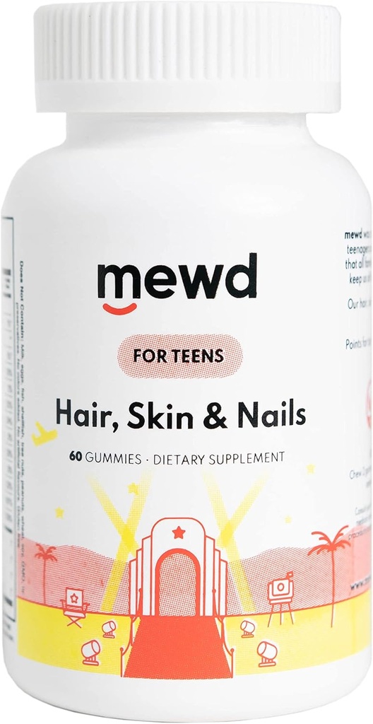 MEWD Teen and Kids Hair, Skin+Nails Daily Multivitamin Gummy Strengthener Formula - Chewable Vitamin supplements with Biotin,Zinc,Vitamins A, B, " D3 for Girls " , 60, Made in USA
