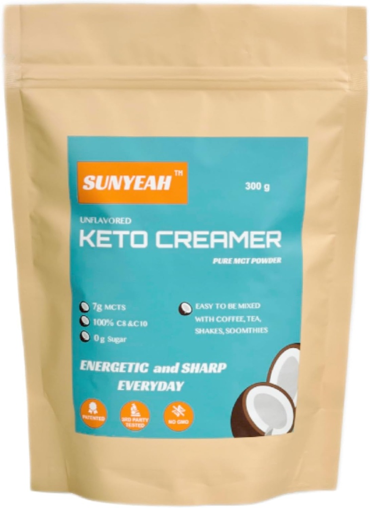 SUNYEAH MCT pulber - MCT õlipulber, KETO kohvikreamer, puhas C8 C10, suhkruvaba, kookospähklist, 300 g, suurepärane kohv, tee, vesi, raputused, smuutid, maitsestamata, GMO-vaba